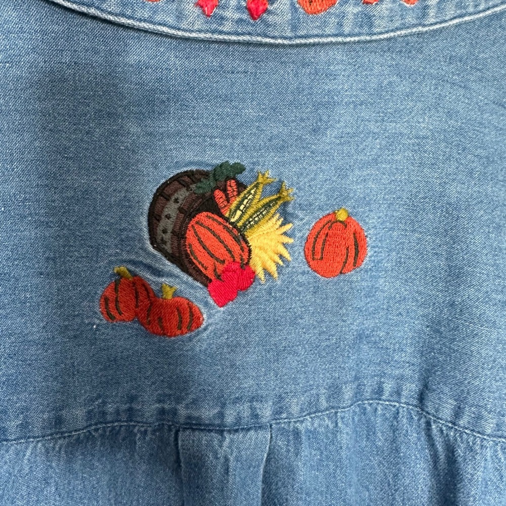 Karen Scott II Women's Denim Shirt‎ Fall Cats Pumpkins Corn Embroidery 2X - Picture 9 of 9